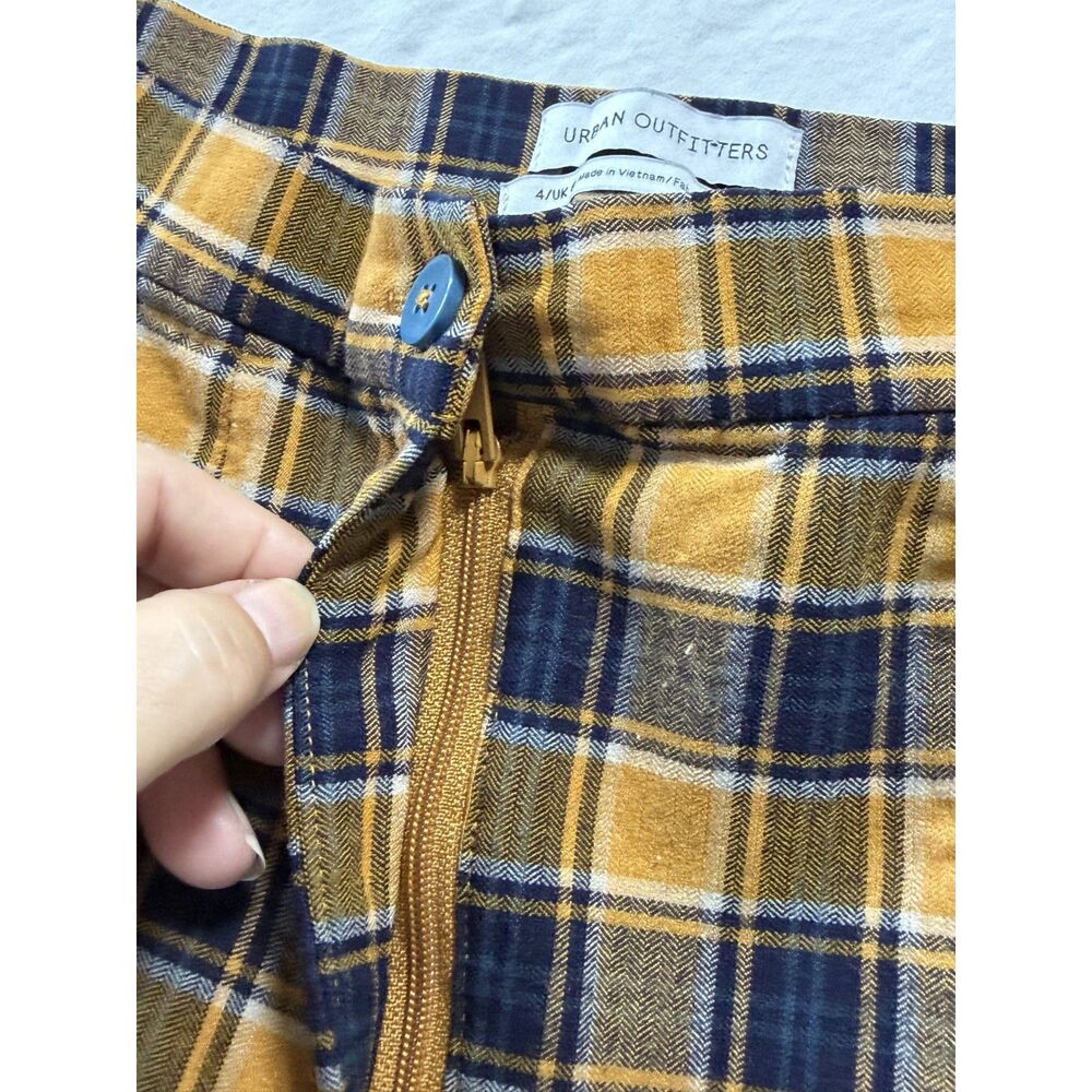 Urban Outfitters Plaid Flare Pants Size 4 Yellow Mustard Split Hem Front Slit - Picture 6 of 13